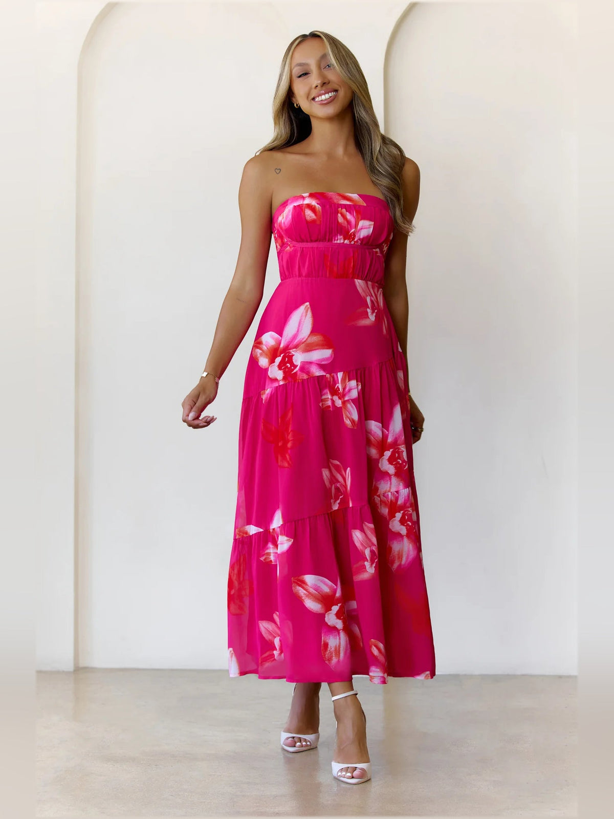 Pink a-line maxi formal dress with floral print, alternate view