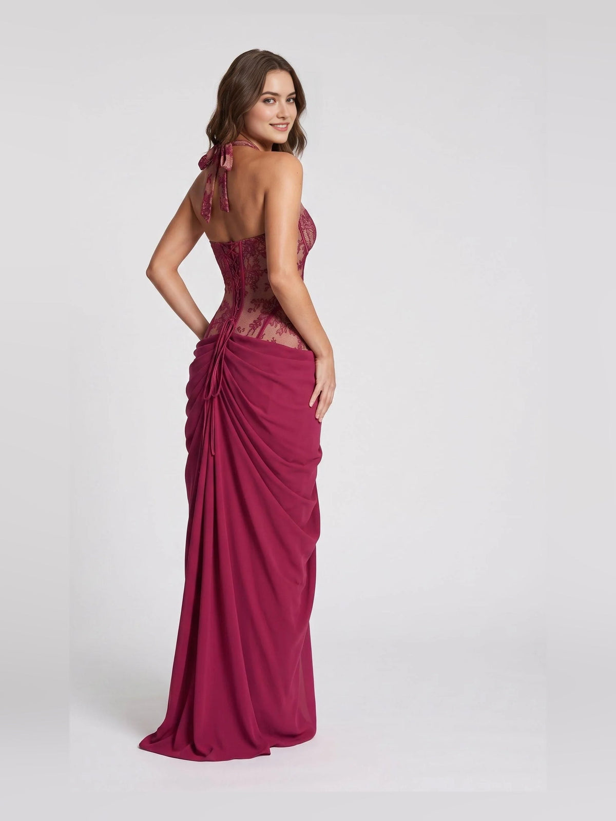 Mulberry corset prom dress, draped back with lace straps and long slit