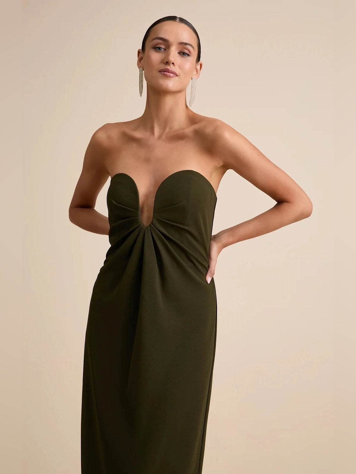 Olive green strapless V-neck column maxi dress with gathered sweetheart bust