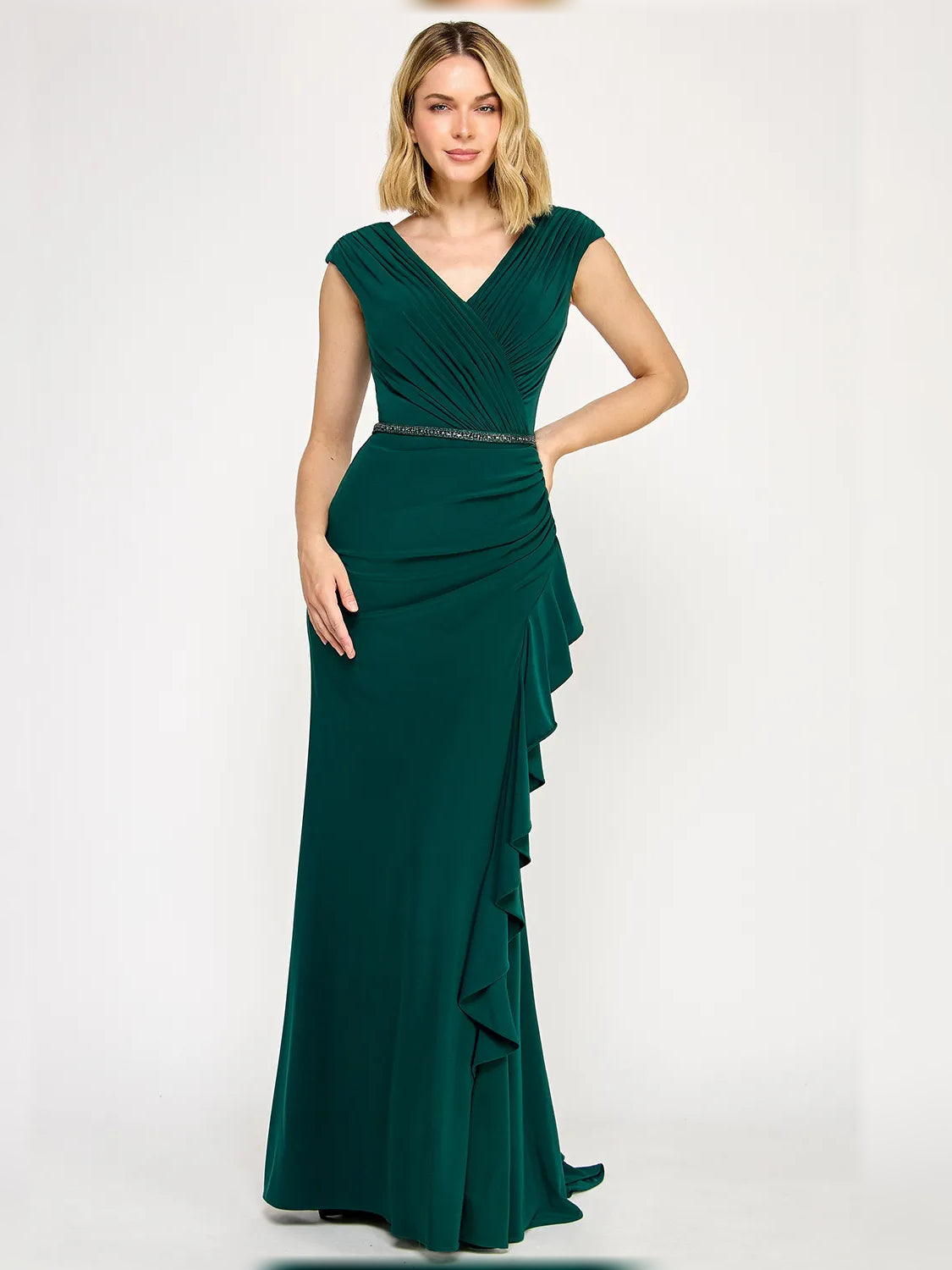 Floor-length V-neck ruching dress, peacock green with draped waist and layered ruffles