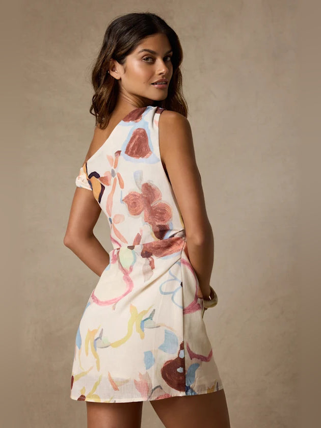 Asymmetrical mini homecoming dress, sleeveless off-shoulder neckline, floral print