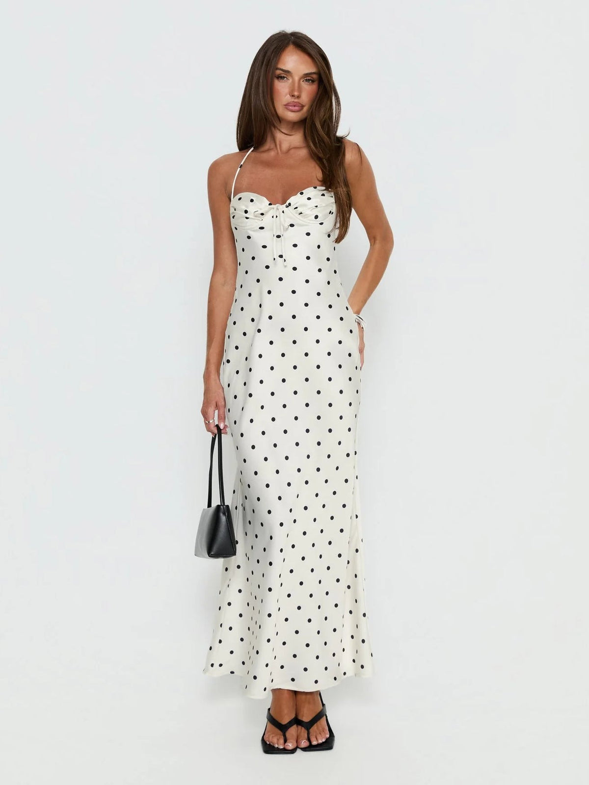 Cream Polka Dot formal dress with satin construction and maxi hem