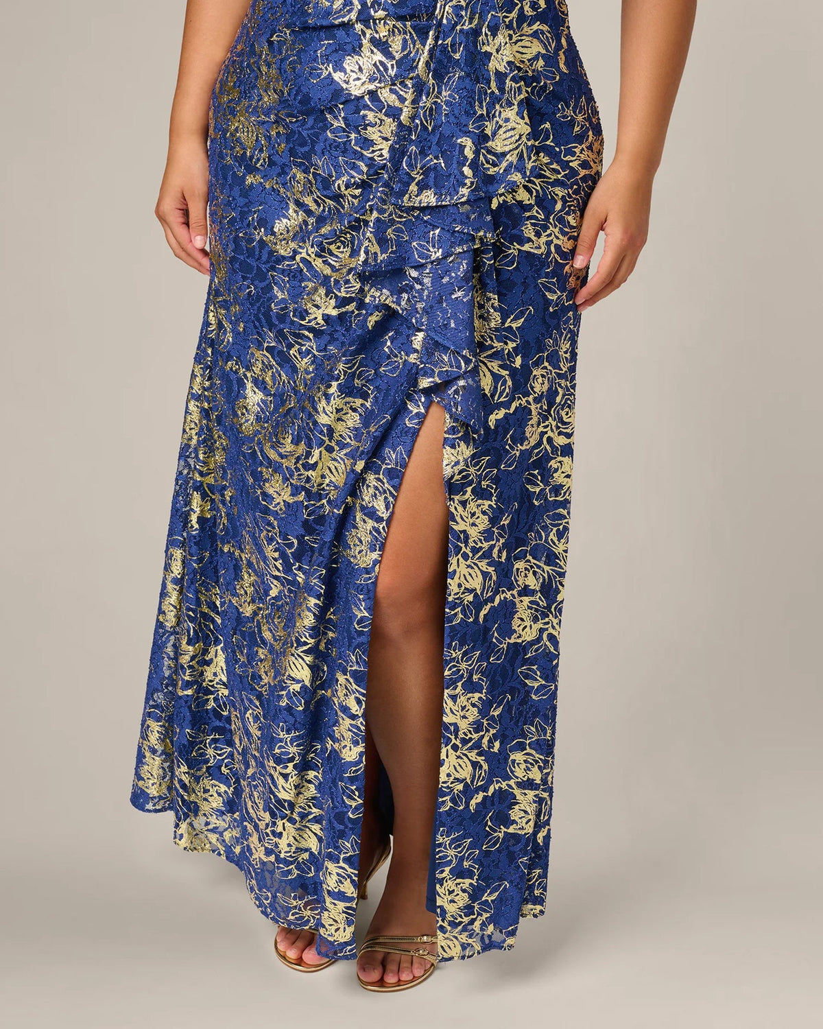 Blue-and-gold floral lace maxi skirt with draped ruffle bands and front side slit