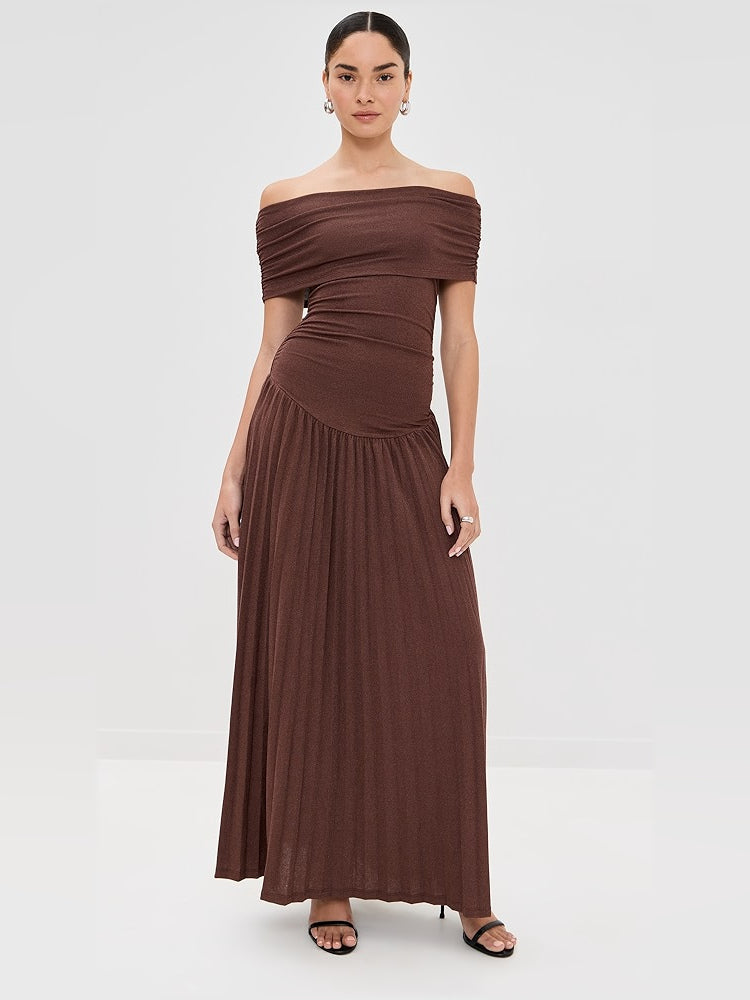Brown a-line maxi formal dress with ruching, alternate view
