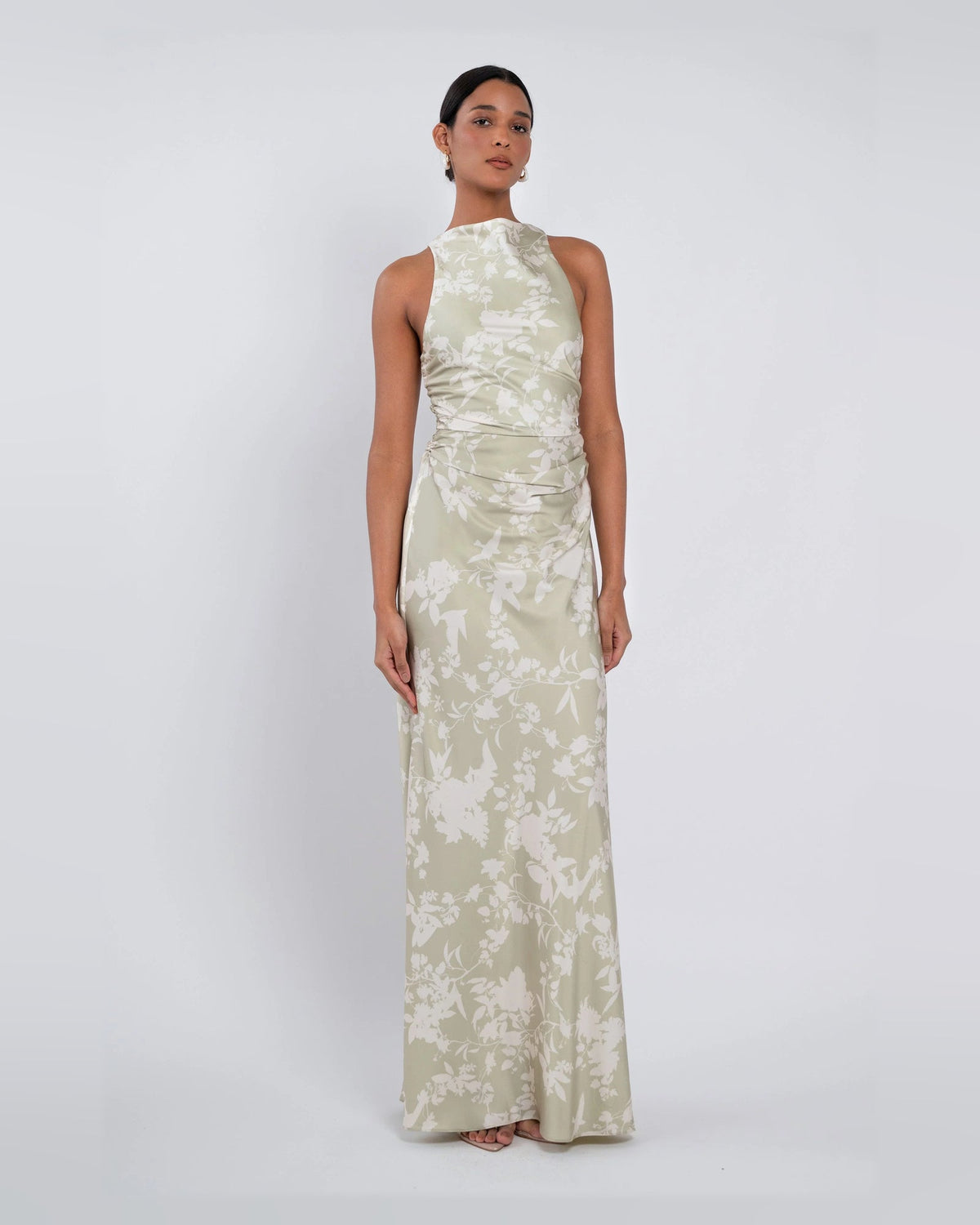 A-line maxi formal dress in light cream with white floral print, sleeveless high neck