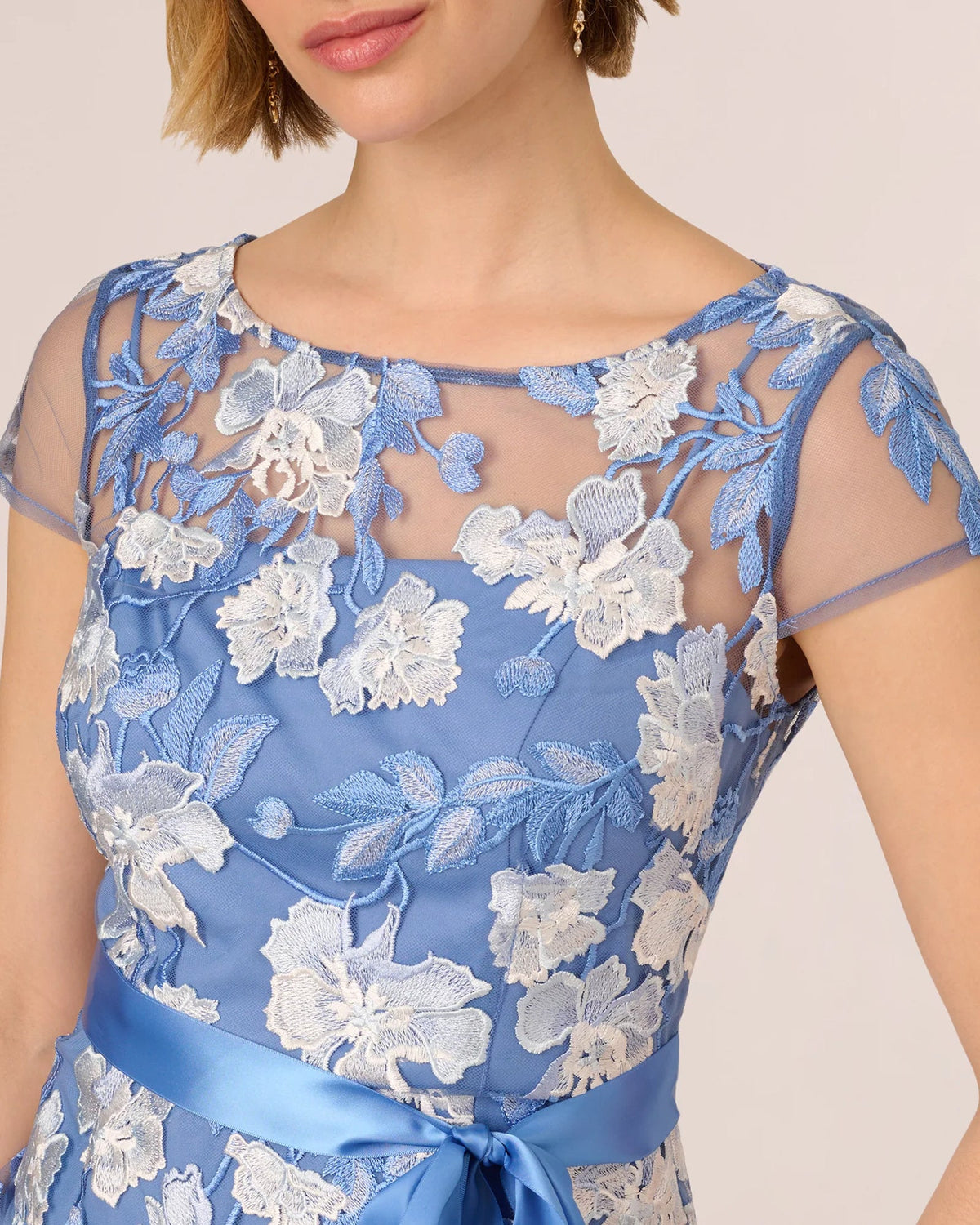 Blue floral embroidered short-sleeve bodice with sheer mesh overlay