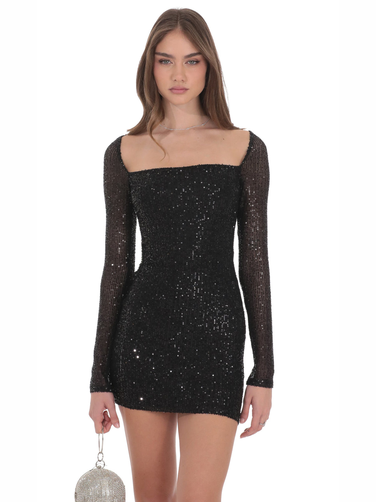 Black homecoming dress with mesh construction and maxi hem