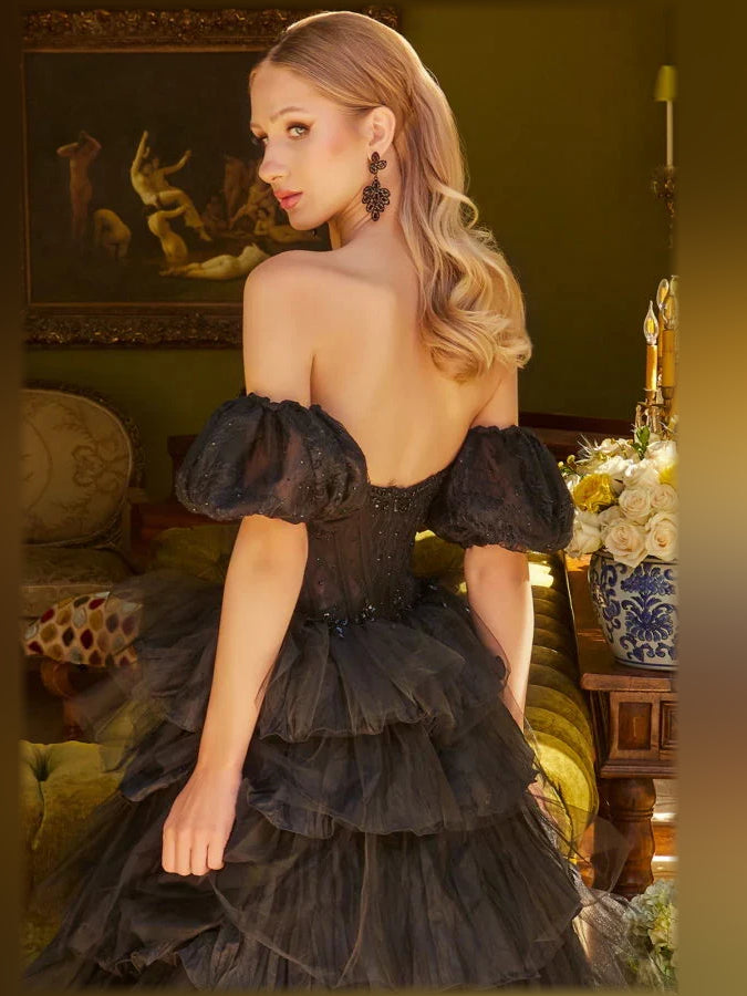Black off-shoulder corset dress with puff sleeves and tiered ruffle skirt