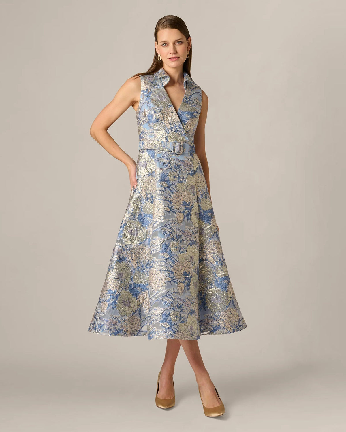 Blue floral sleeveless A-line midi dress with V-neck bodice and flared skirt