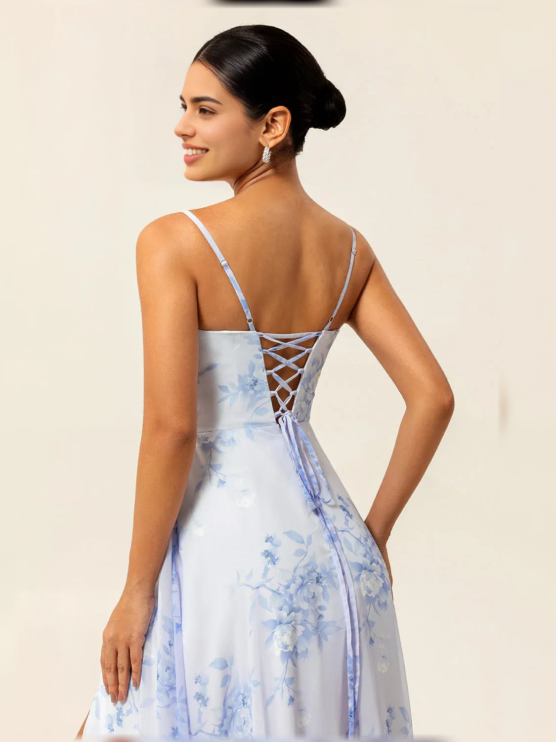 Light blue floral cowl-neck formal dress, crisscross open back with spaghetti straps