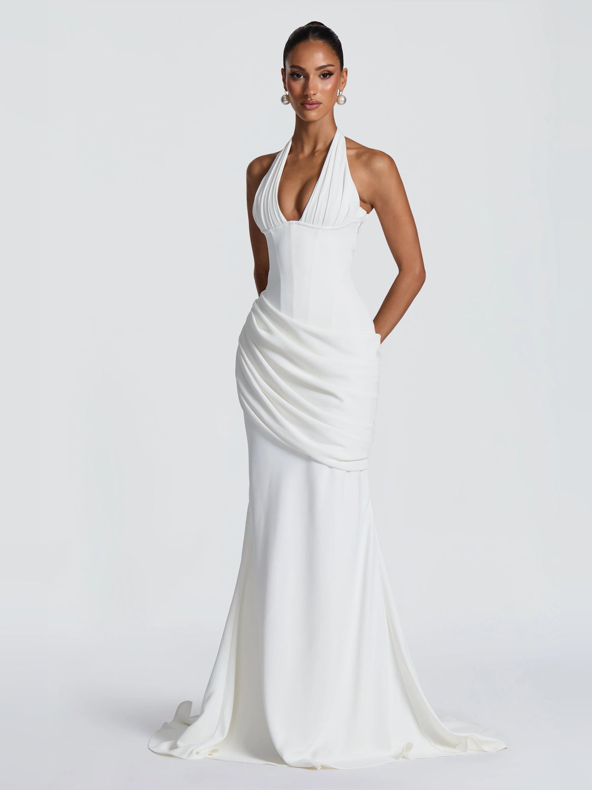 Ivory pleated draped mermaid wedding dress, sleeveless halter V-neck and fitted skirt