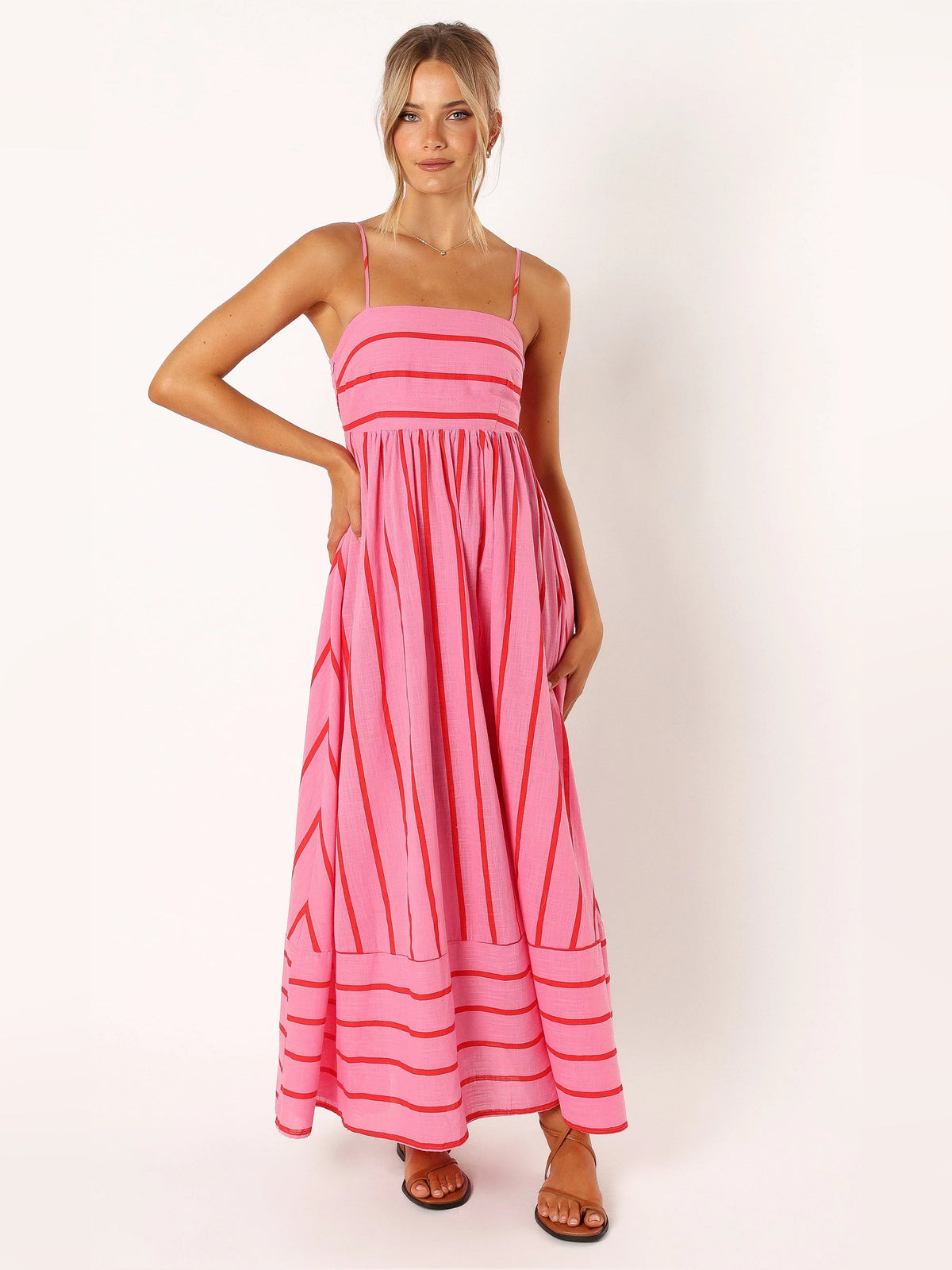 Red a-line maxi formal dress with printed pattern, alternate full-length view