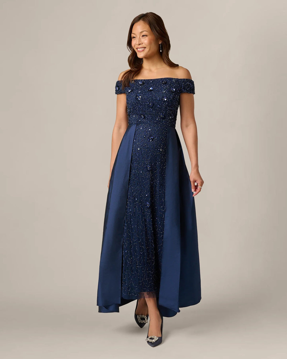 Light navy off-shoulder A-line maxi dress, back view with sparkly sequin bodice