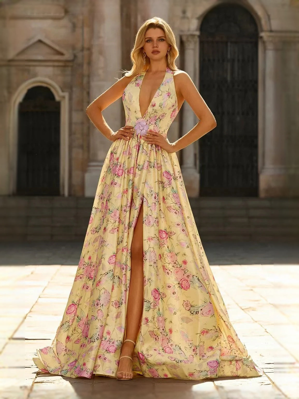 Champagne floral sleeveless A-line prom dress with V-neck and center front slit