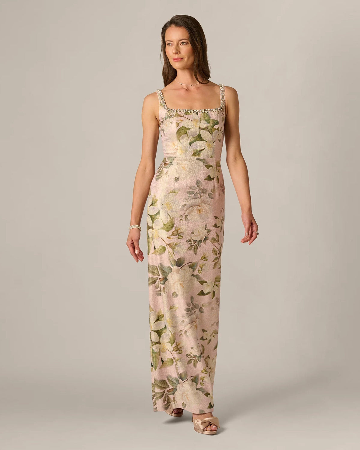 Blush floral print A-line maxi dress, square neckline, sleeveless with jeweled trim