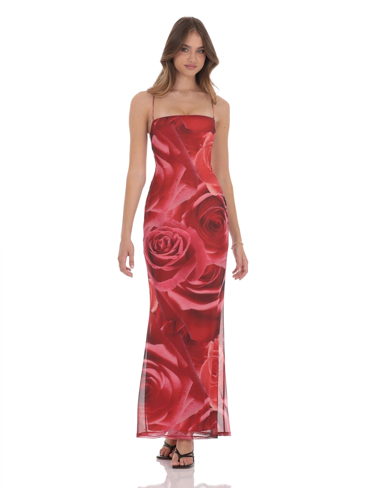 Red bridesmaid dress with structured woven fabric construction and maxi hem