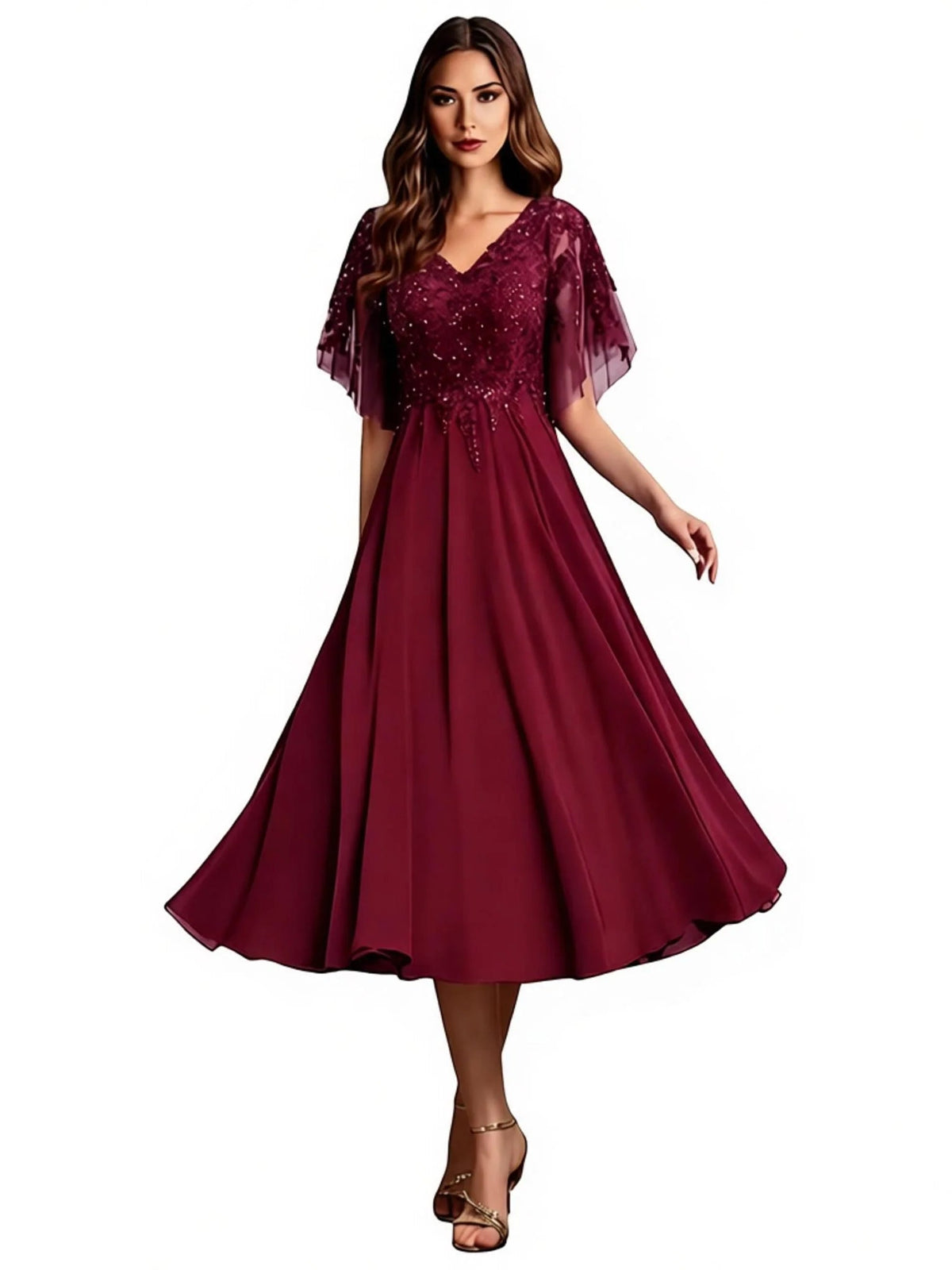 Burgundy V-neck beaded A-line tea-length formal dress with sheer flutter sleeves