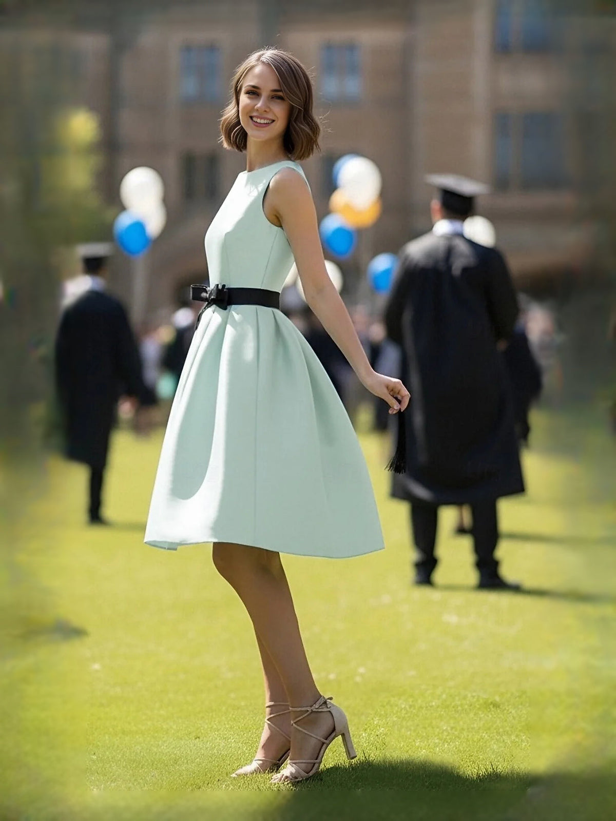 Mint green sleeveless A-line dress with pleated skirt, black waist bow, knee length