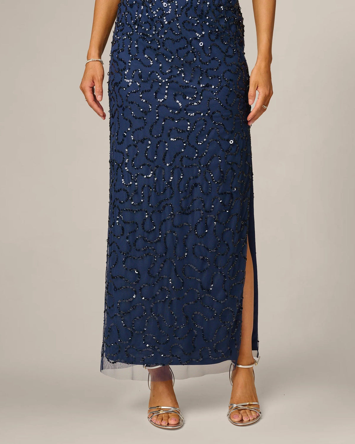Navy sequin maxi dress skirt with side slit and spaghetti straps