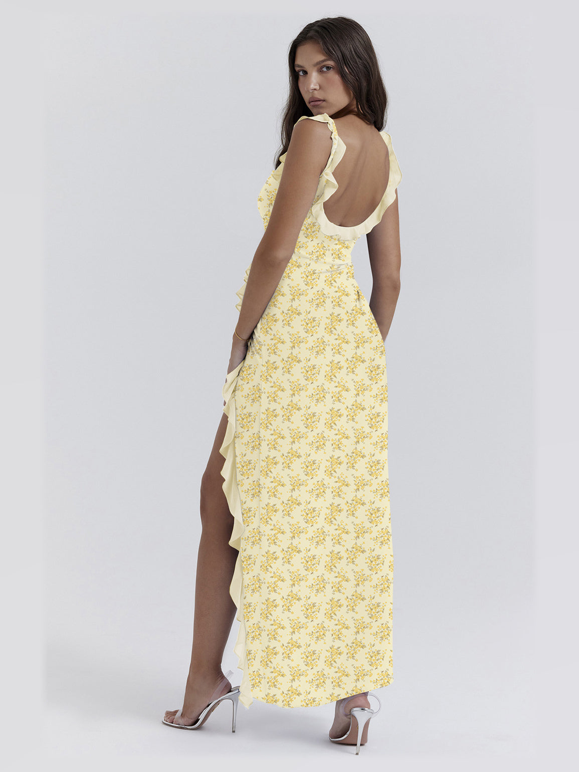 Yellow maxi formal dress, alternate full-length view showing the waistline