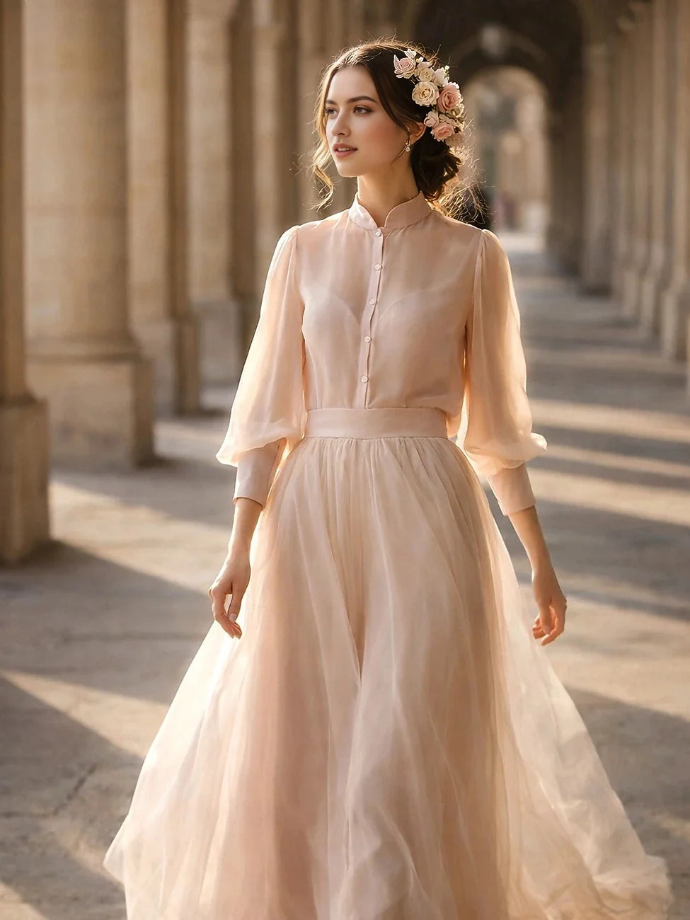 Champagne chiffon high-neck maxi dress with gathered waist and sheer puff sleeves