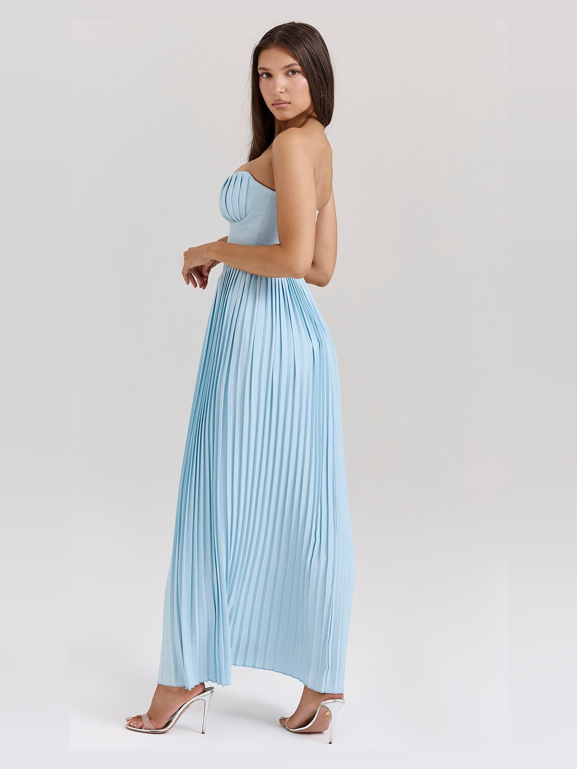 Ocean Blue a-line maxi formal dress with pleated skirt, alternate full-length view showing the bodice