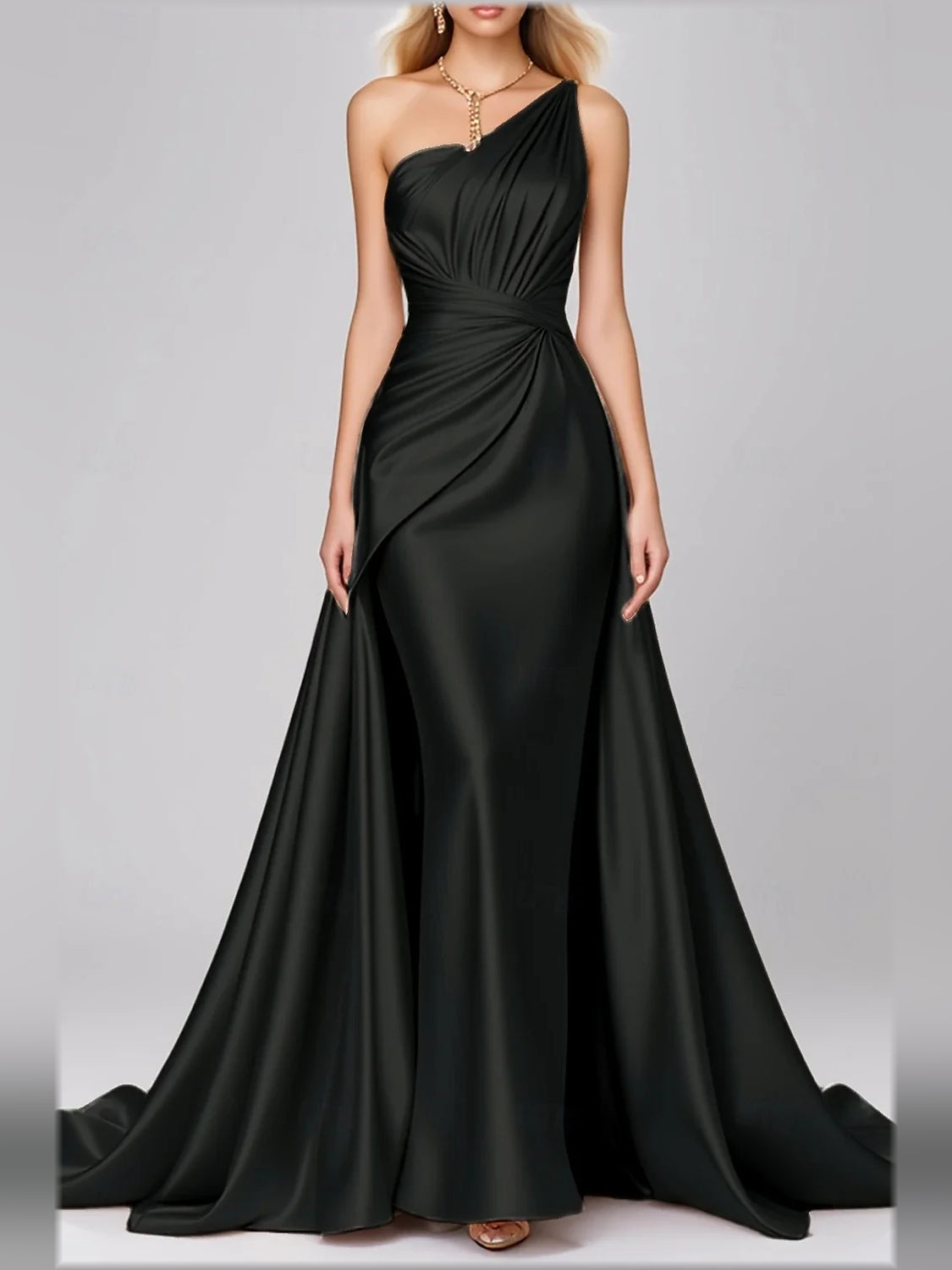 One-shoulder satin mermaid formal dress, black, ruched one-shoulder bodice
