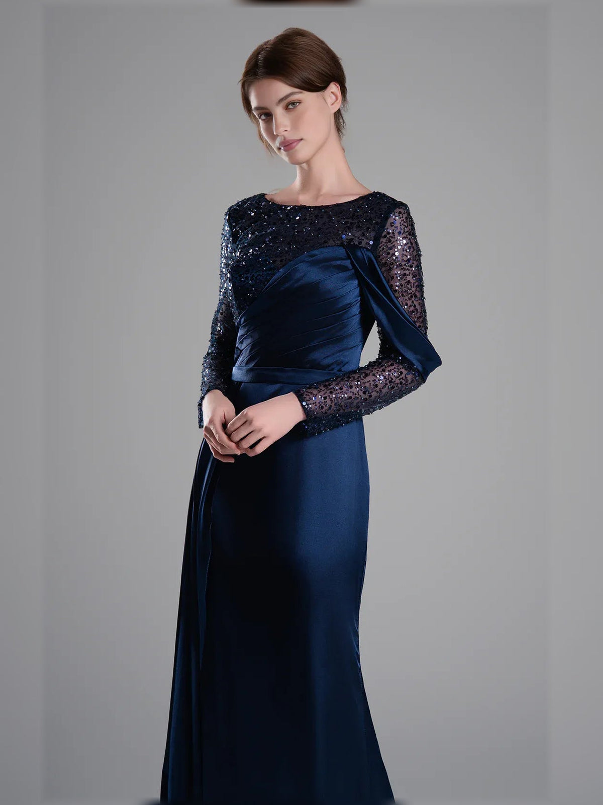 Navy blue formal dress with beaded sequin long sleeves and fitted waist bodice