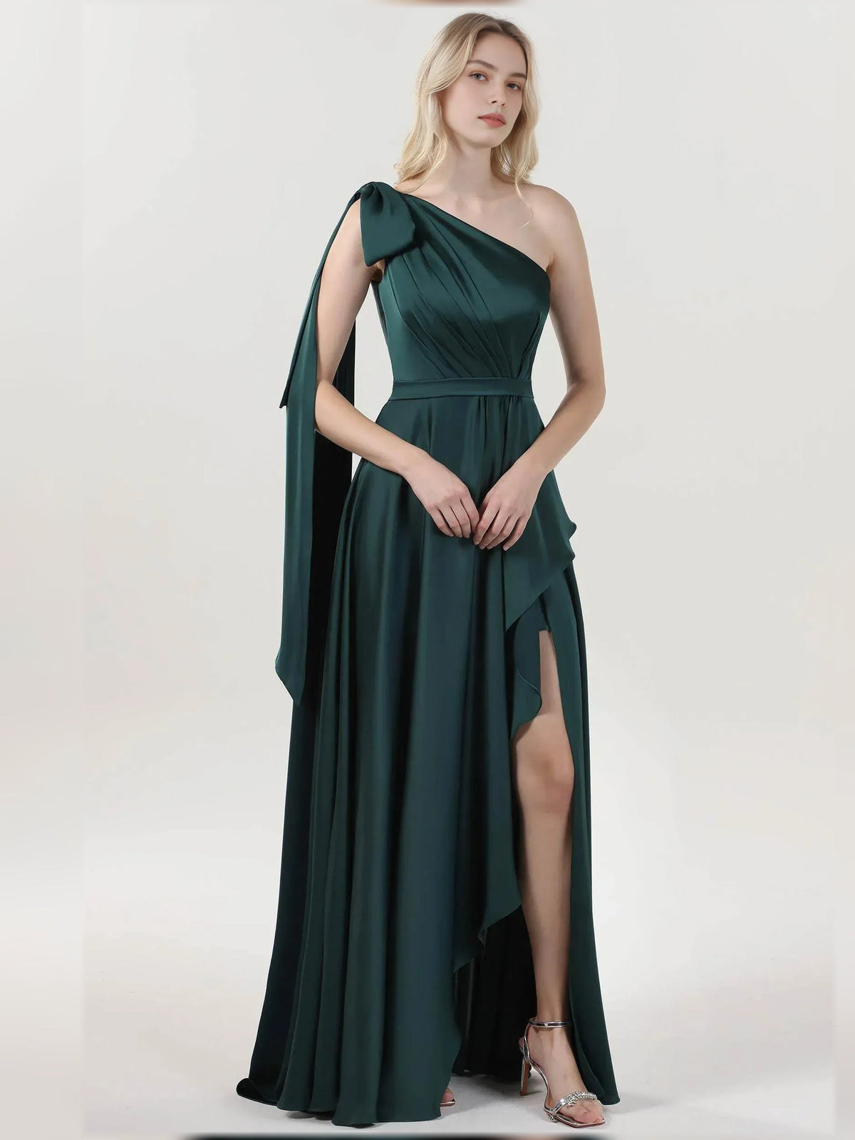 One-shoulder A-line formal dress in teal with one-shoulder sleeve drape and slit