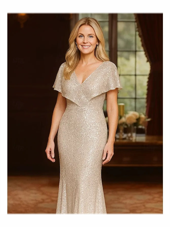 Champagne sequin V-neck sheath evening dress with short sleeves, close-up front view