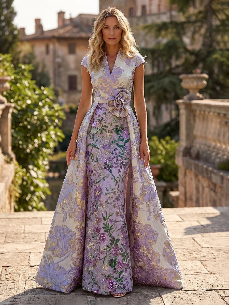 Floral embroidered V-neck A-line floor-length dress in light purple, layered skirt