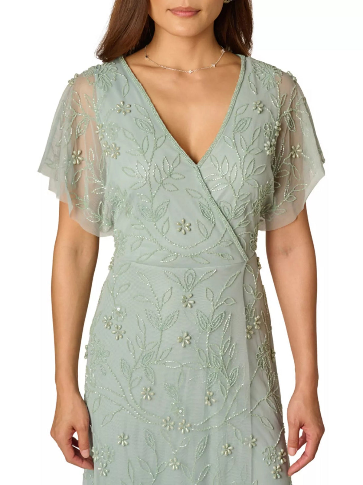 Dusty sage V-neck beaded floral embroidery dress bodice detail