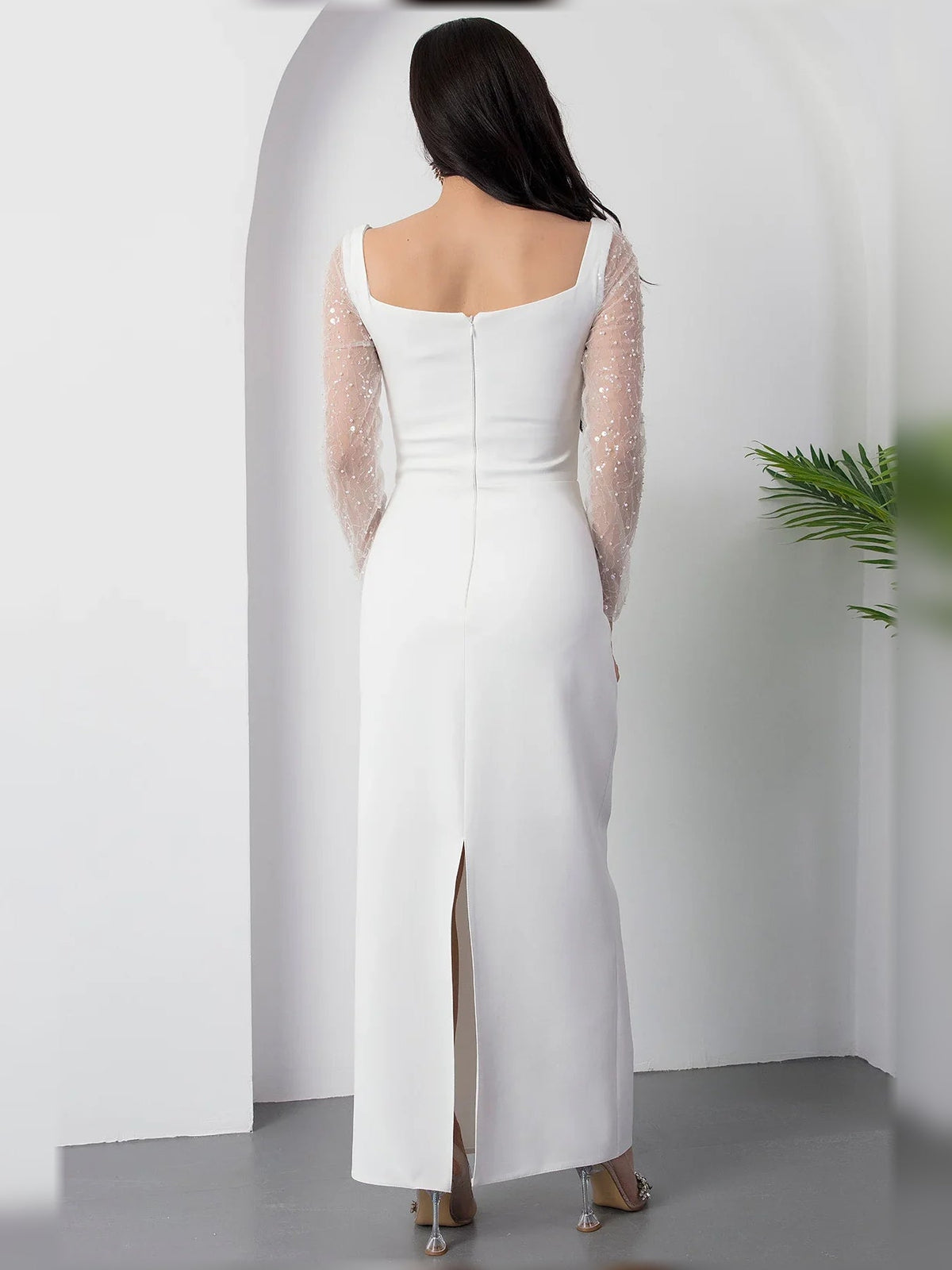 White square-neck formal dress with sheer long sleeves, back view, floor-length