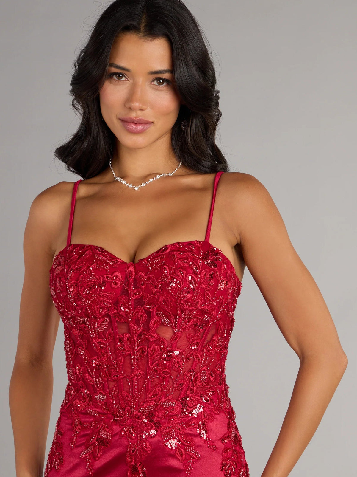 Red satin corset mini dress with sweetheart neckline and beaded corset bodice