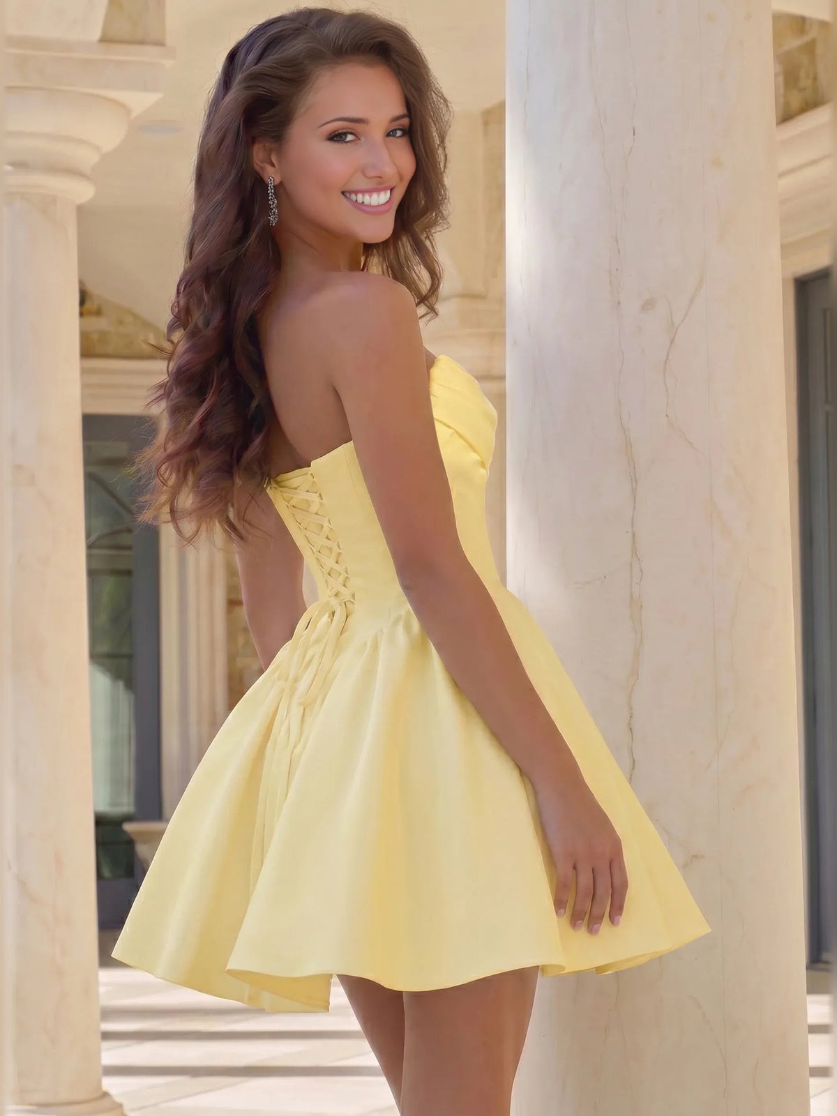 Pale lemon strapless corset mini satin dress with pleated A-line skirt