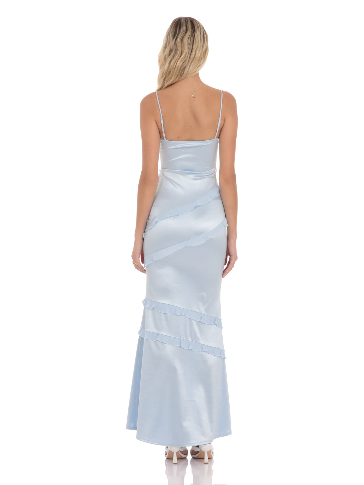 Light Blue bridesmaid dress with satin construction and maxi hem