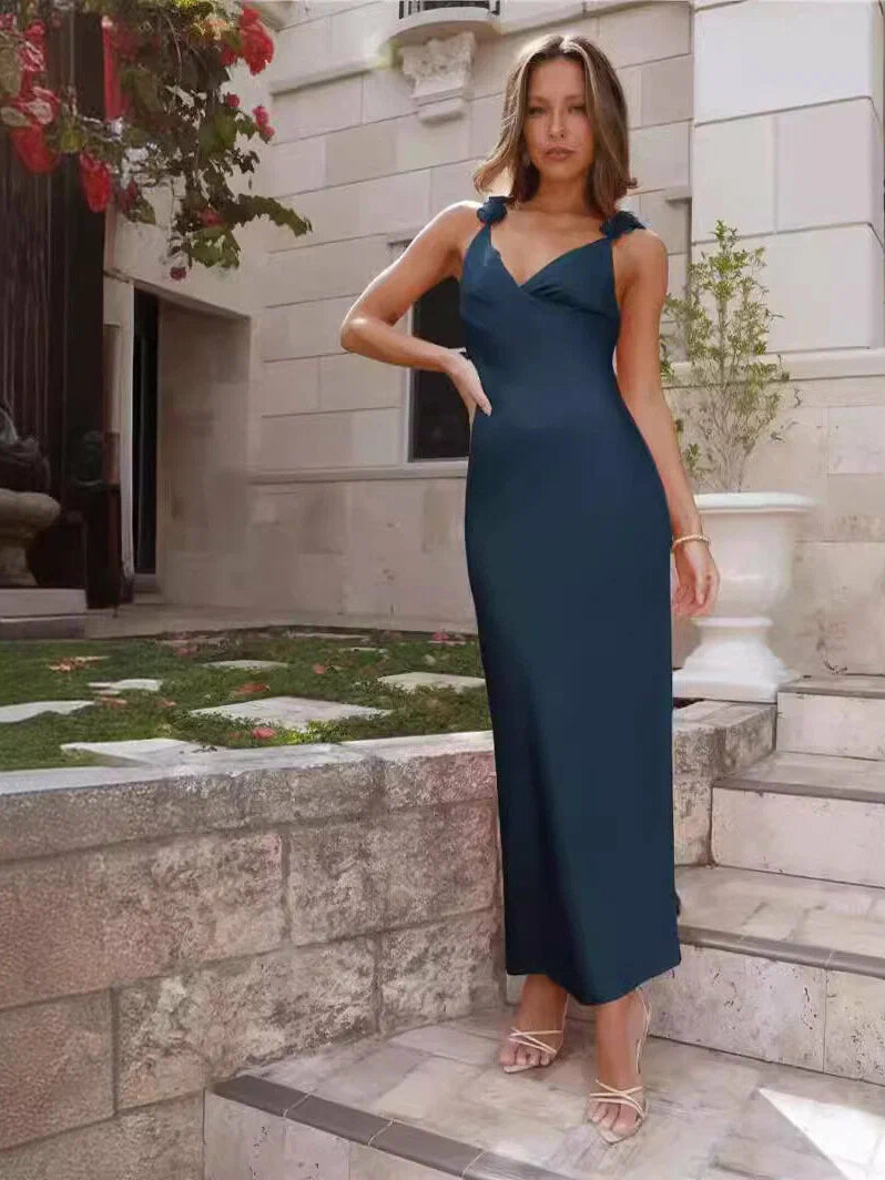 Blue satin V-neck backless mini dress with bow-detail spaghetti straps