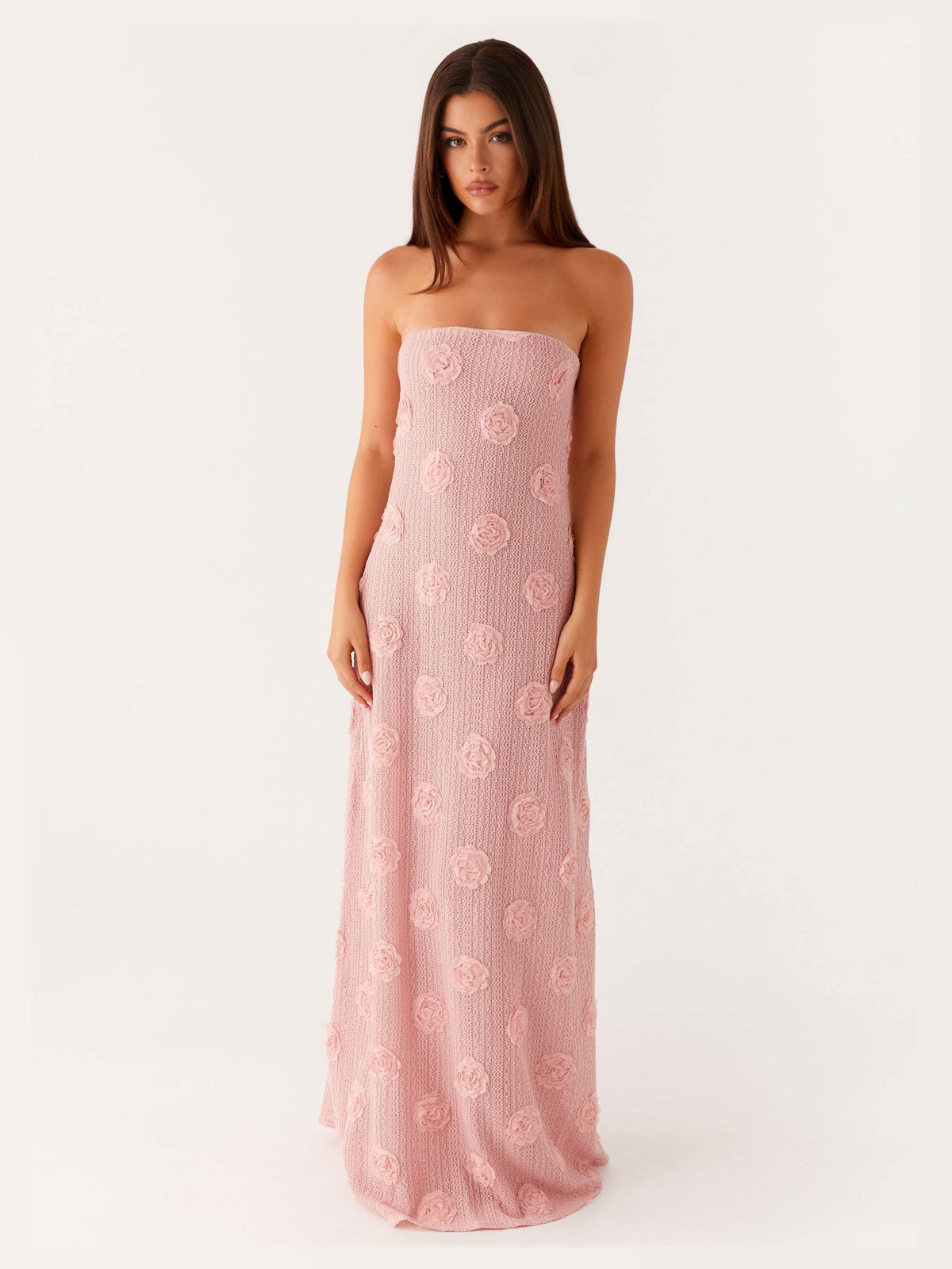 Pink maxi formal dress, alternate full-length view showing the waistline