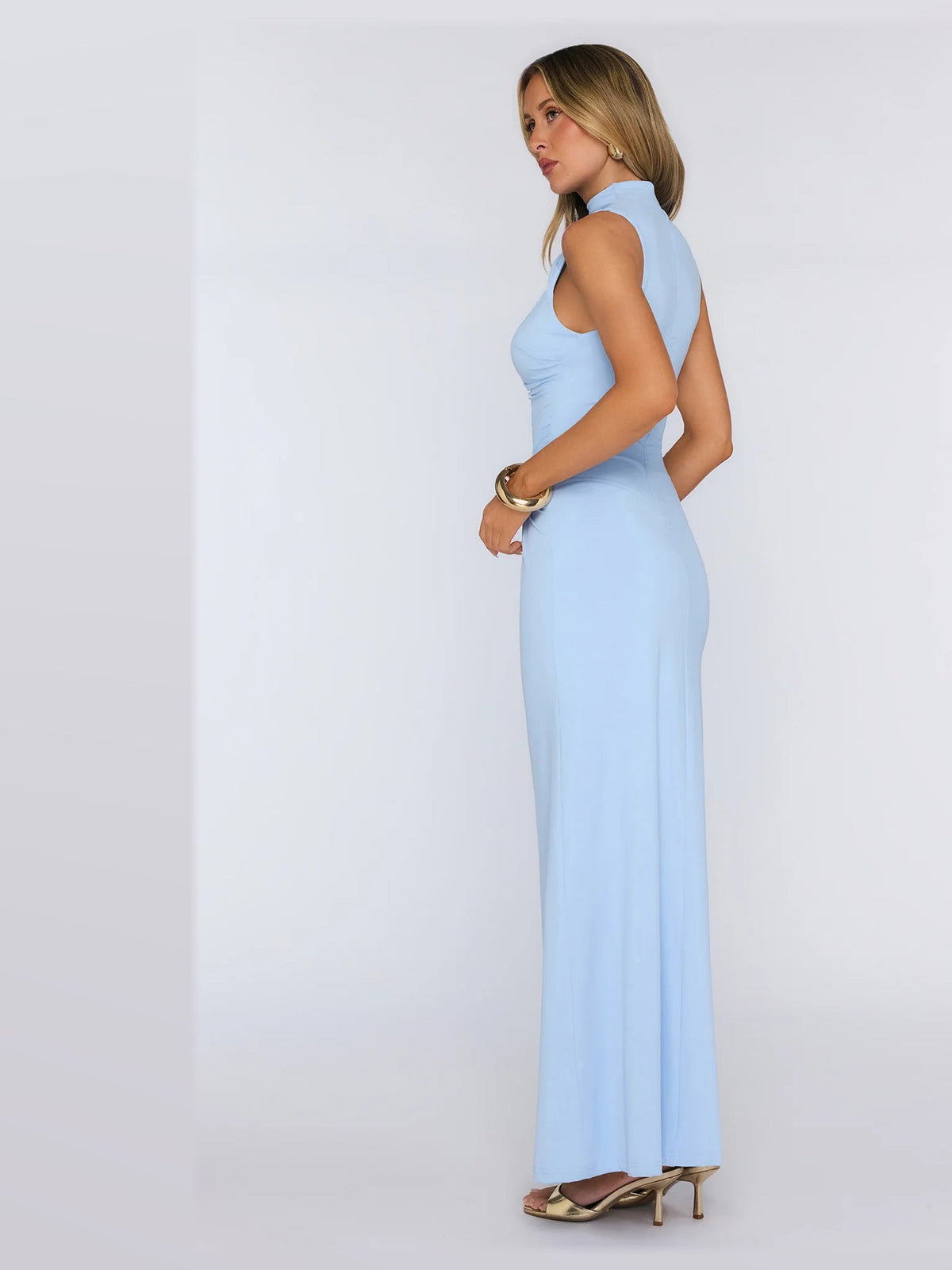 Blue formal dress with structured woven fabric construction and maxi hem