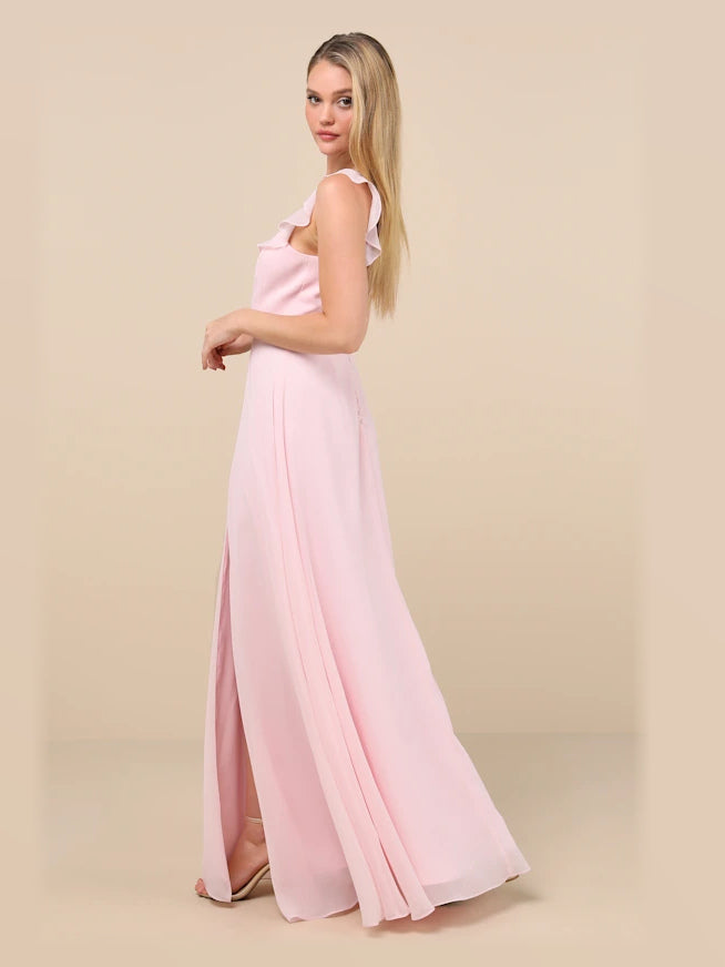 Light Pink formal dress with structured woven fabric construction and maxi hem