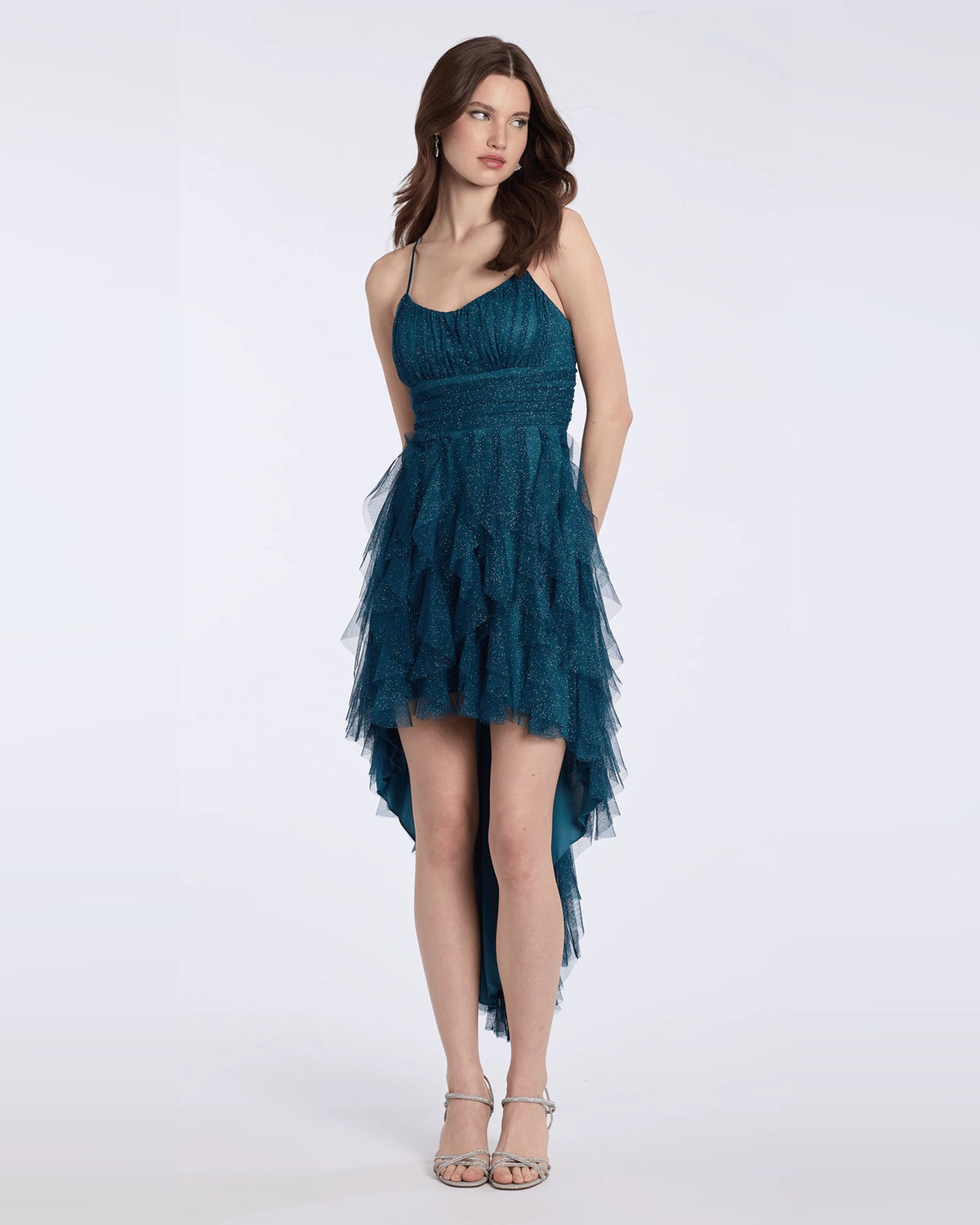 Teal glitter A-line homecoming dress with tiered ruffle skirt and asymmetrical hem