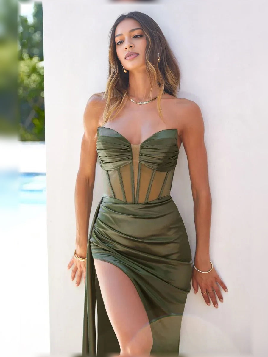 Olive green strapless corset formal dress with ruched bodice and thigh slit