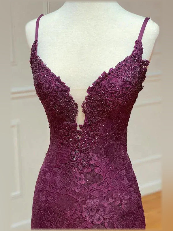 Burgundy floral lace V-neck bodice with spaghetti straps and button detail