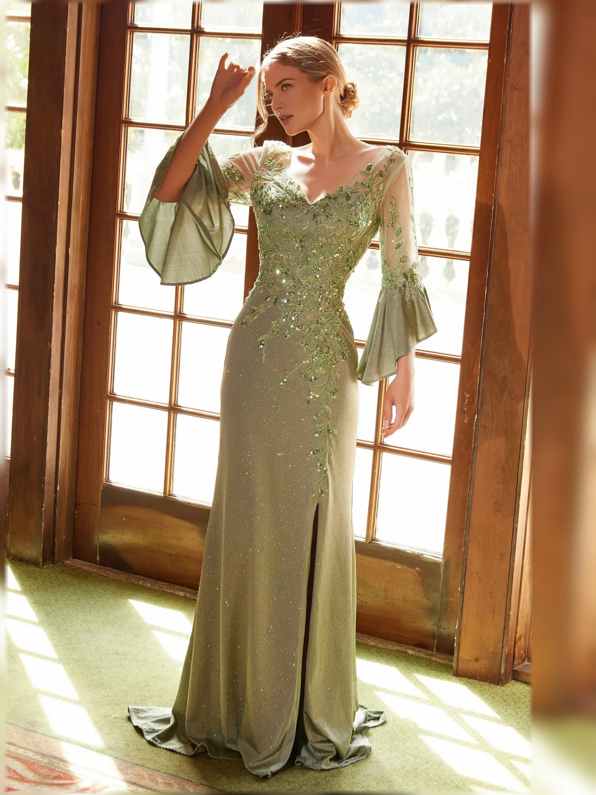 Sage green sequin V-neck sheath maxi dress with long bell sleeves and front slit