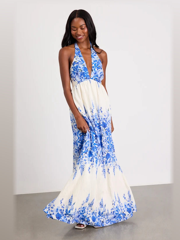 Blue Floral maxi formal dress, alternate full-length view showing the waistline