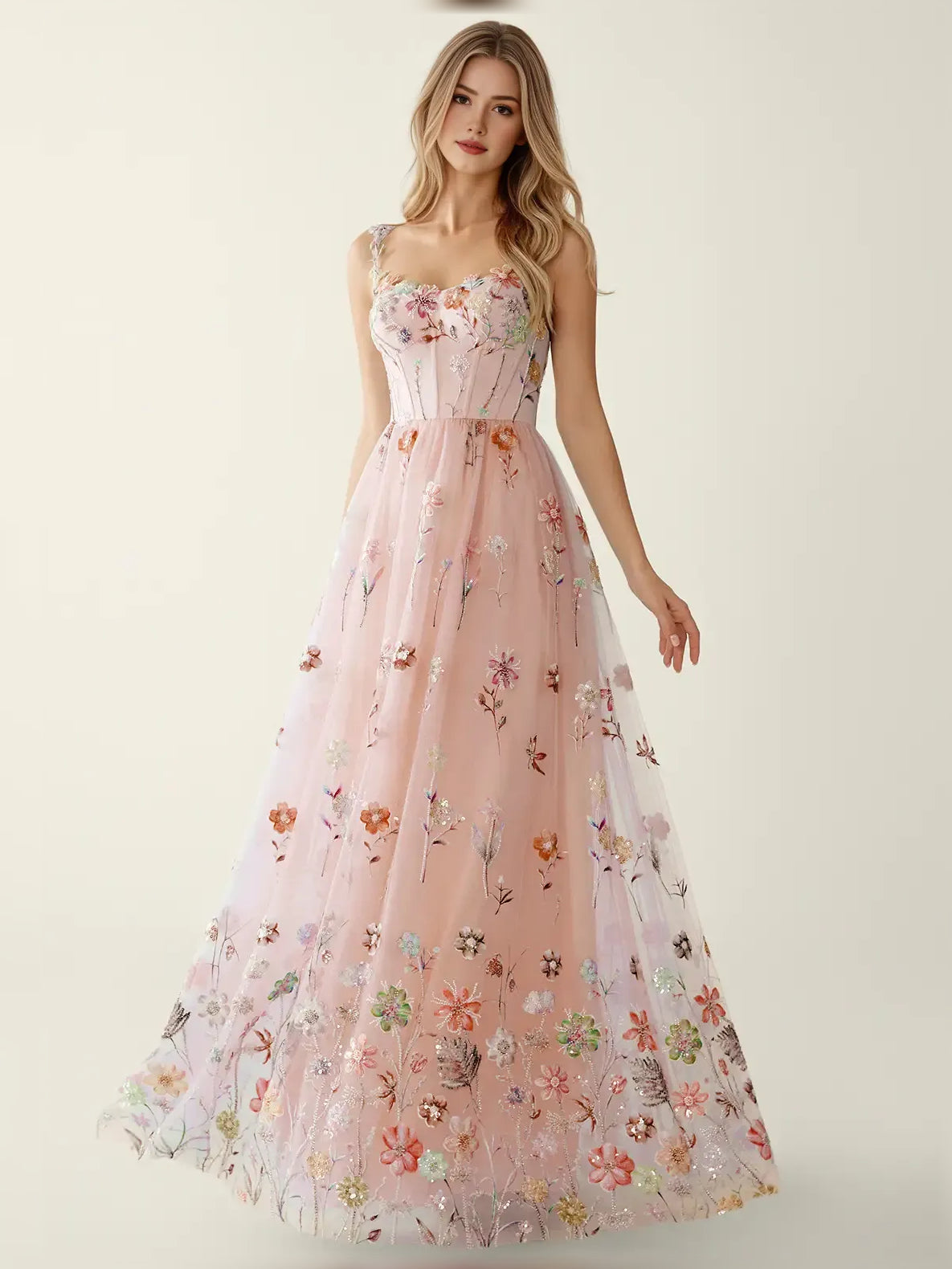 Blush pink floral sequin fit-and-flare formal dress with sweetheart neckline and wide skirt