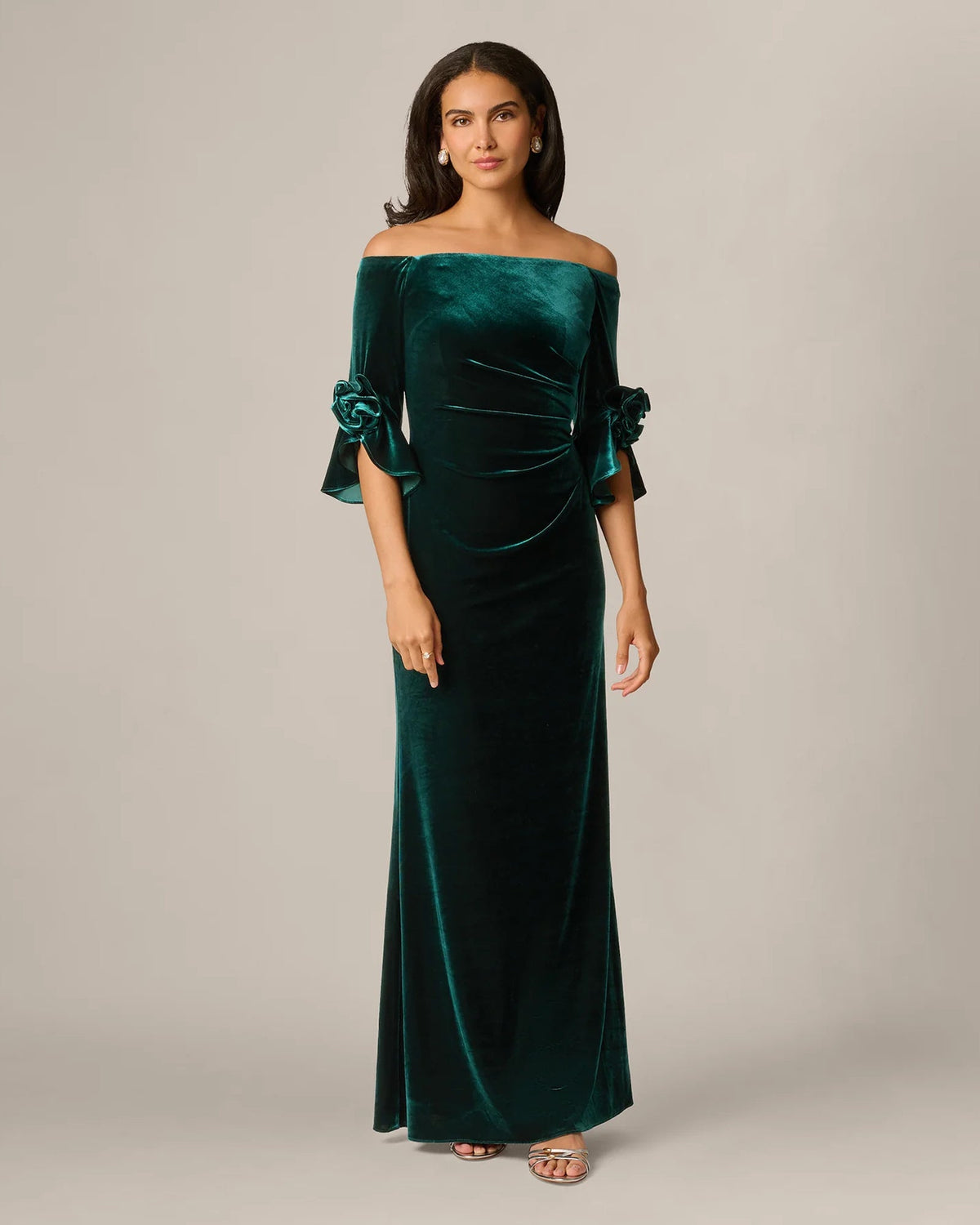 Hunter green off-shoulder maxi mother-of-the-bride dress with rosette sleeve accents