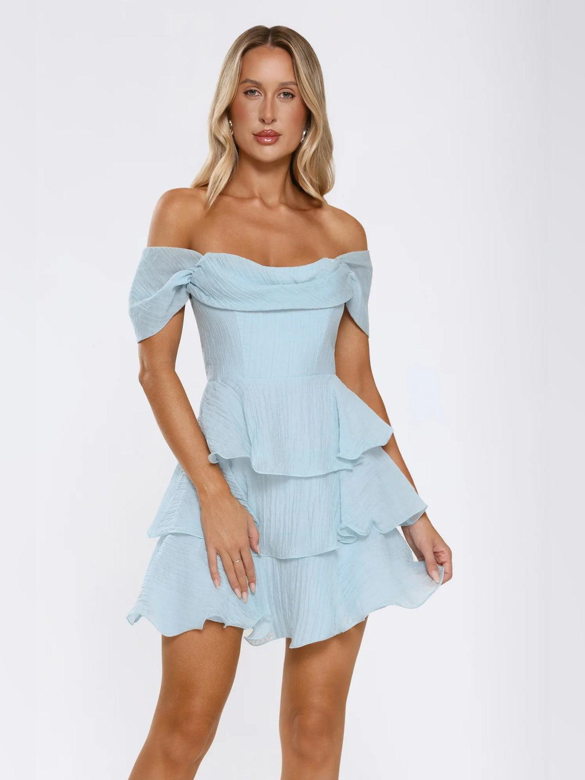 Light blue off-shoulder mini dress with ruffled bodice and tiered skirt