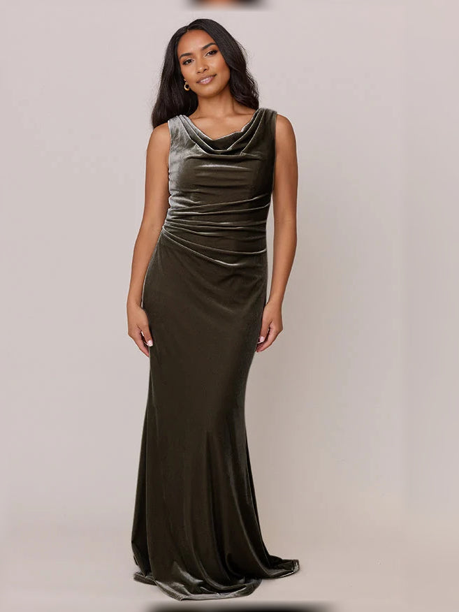 Olive/bronze velvet mermaid bridesmaid dress with draped cowl neckline