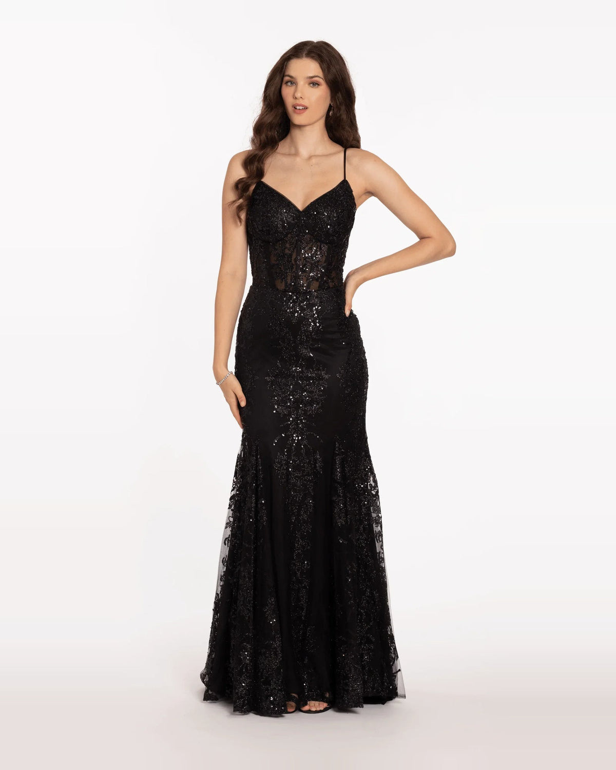 Black glitter mermaid prom dress with sweetheart neckline and thin spaghetti straps